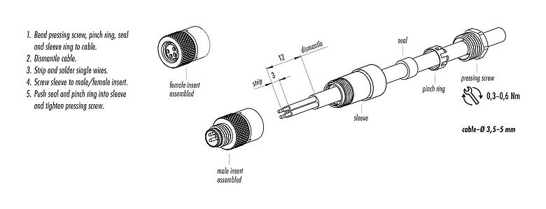 Instrucción de montaje 99 3383 00 04 - M8 Conector de cable macho, Número de contactos: 4, 3,5-5,0 mm, sin blindaje, soldadura, IP67, UL 2238
