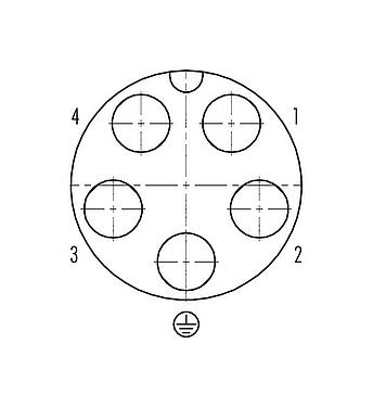 Disposición de los contactos (lado de la conexión) 99 6490 000 05 - Bayoneta Conector de cable hembra, Número de contactos: 4+PE, 7,0-17,0 mm, sin blindaje, crimpado (los contactos de crimpado deben pedirse por separado), IP68/IP69K, UL 2238, VDE