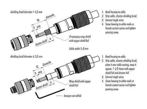 Instrucción de montaje 99 3368 600 04 - M8 Conector de cable hembra, Número de contactos: 4, 5,0-8,0 mm, blindable, tornillo extraíble, IP67, M8x1,0, Pluma de iris