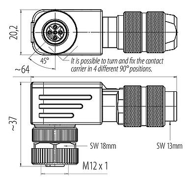 Dibujo a escala 99 3728 820 04 - M12 Conector hembra en ángulo, Número de contactos: 4, 5,0-8,0 mm, blindable, tornillo extraíble, IP67, UL 2238, Pluma de iris