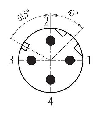 Disposición de los contactos (lado de la conexión) 99 3725 810 04 - M12 Conector de cable macho, Número de contactos: 4, 6,0-8,0 mm, blindable, abrazadera de alambre, IP67, M12x1,0