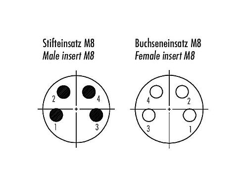 Disposición de los contactos (lado de la conexión) 09 5251 00 04 - M8 Casquillo del armario de distribución, Número de contactos: 4, blindado, enchufable, IP67, M8x1,0, Montaje en pared
