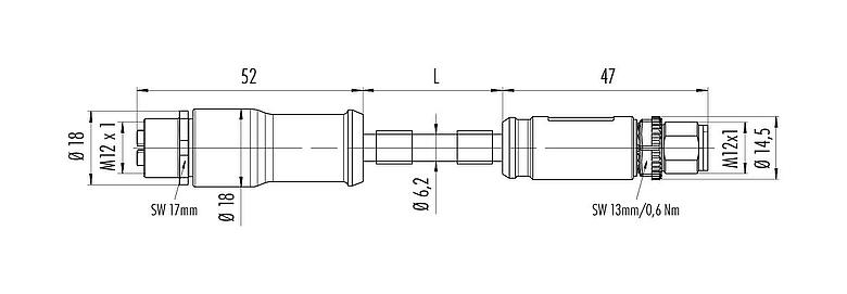 Dibujo a escala 79 9724 050 08 - M12 Cable de conexión conector de cable macho - conector de cable hembra, Número de contactos: 8, blindado, moldeado en el cable, IP67, UL, PUR, verde, AWG 26/7, 5 m