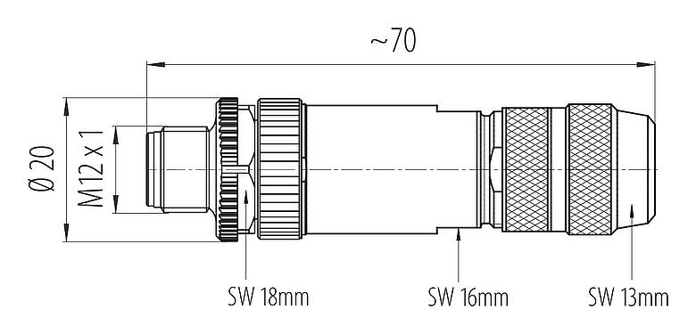 Dibujo a escala 99 3727 810 04 - M12 Conector de cable macho, Número de contactos: 4, 5,0-8,0 mm, blindable, tornillo extraíble, IP67, UL 2238, Pluma de iris