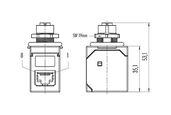 Dibujo a escala 09 5288 00 08 - M12 Casquillo del armario de distribución, toma - RJ45 angular, Número de contactos: 8, blindado, enchufable, IP67, UL, Montaje en pared