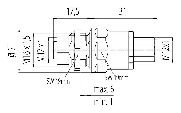 Dibujo a escala 09 5241 10 05 - M12 Casquillo del armario de distribución, Número de contactos: 5, blindado, enchufable, IP67, UL 2238, M12x1,0, Montaje en pared