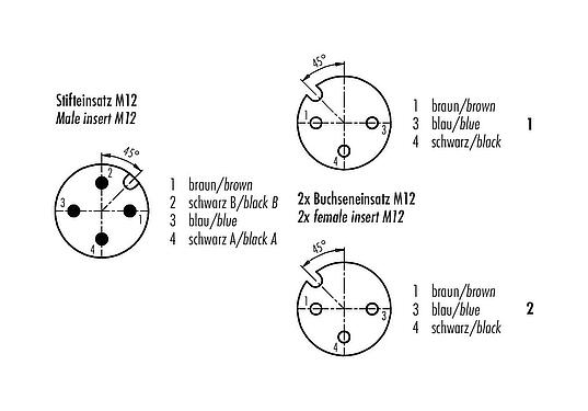 Disposición de los contactos (lado de la conexión) 77 9855 3530 50703-0100 - M12 Divisor de cables macho - 2 conector de cable hembra, Número de contactos: 4/3, blindado, moldeado en el cable, IP68, PUR, negro, 3 x 0,34 mm², 1 m