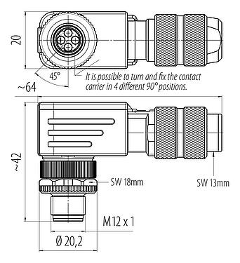 Dibujo a escala 99 3721 820 04 - M12 Conector macho en ángulo, Número de contactos: 4, 5,0-8,0 mm, blindable, crimpado (los contactos de crimpado deben pedirse por separado), IP67