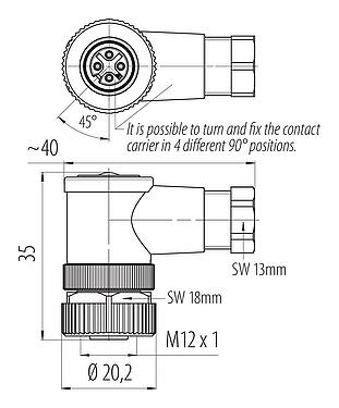 Dibujo a escala 99 0530 24 04 - M12 Conector hembra en ángulo, Número de contactos: 4, 4,0-6,0 mm, sin blindaje, crimpado (los contactos de crimpado deben pedirse por separado), IP67, UL 2238