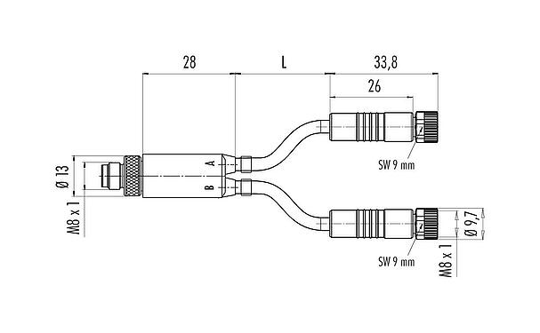 Dibujo a escala 77 9805 3406 50003-0100 - M8 Divisor de cables macho - 2 conector de cable hembra, Número de contactos: 4/3, sin blindaje, moldeado en el cable, IP67, UL 2238, PUR, negro, 3 x 0,34 mm², 1 m