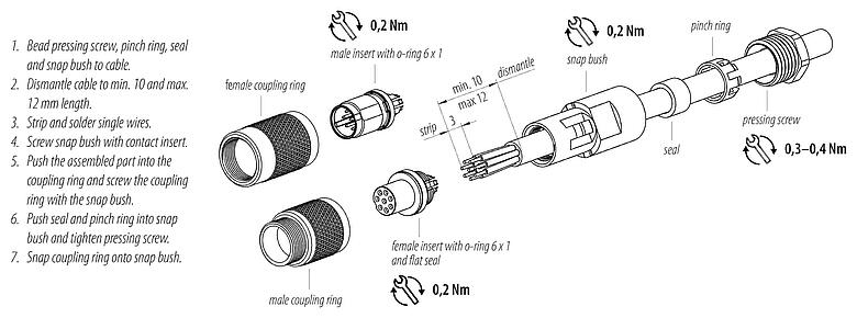 Instrucción de montaje 99 0409 00 04 - M9 Conector de cable macho, Número de contactos: 4, 3,5-5,0 mm, sin blindaje, soldadura, IP67