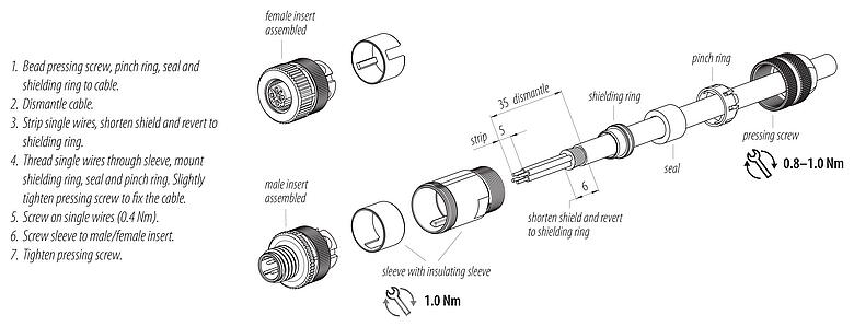 Instrucción de montaje 99 3730 810 04 - M12 Conector de cable hembra, Número de contactos: 4, 6,0-8,0 mm, blindable, tornillo extraíble, IP67, UL 2238, con anillo de protección