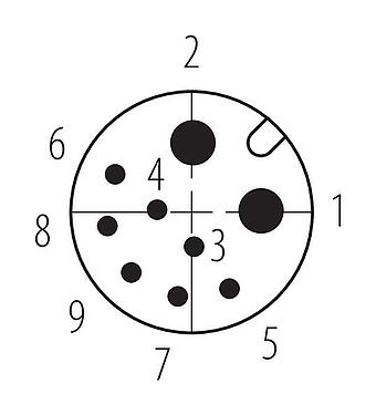 Disposición de los contactos (lado de la conexión) 86 7047 0000 00009 - M12 Enchufe integrado, Número de contactos: 2+7, soldadura, IP67 enchufado y bloqueado, Montaje frontal