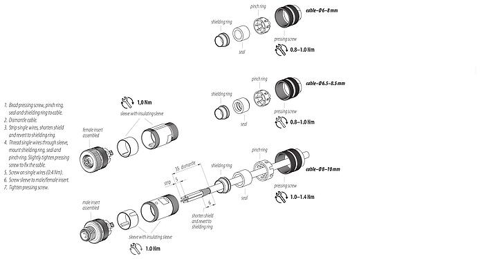 Instrucción de montaje 99 1437 810 05 - M12 Conector de cable macho, Número de contactos: 5, 6,0-8,0 mm, blindable, tornillo extraíble, IP67, UL 2238