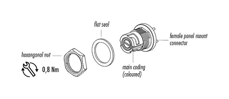 Descripción del artículo 09 0762 180 05 - Bayoneta Toma de brida, Número de contactos: 5, sin blindaje, soldadura, IP54 desenchufado, M13x1,0, Montaje en pared