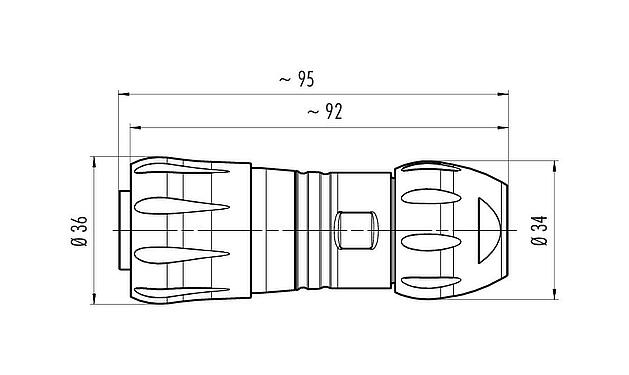 Dibujo a escala 99 6490 000 05 - Bayoneta Conector de cable hembra, Número de contactos: 4+PE, 7,0-17,0 mm, sin blindaje, crimpado (los contactos de crimpado deben pedirse por separado), IP68/IP69K, UL 2238, VDE