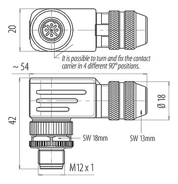 Dibujo a escala 99 3729 820 04 - M12 Conector macho en ángulo, Número de contactos: 4, 6,0-8,0 mm, blindable, tornillo extraíble, IP67, UL 2238, con anillo de protección