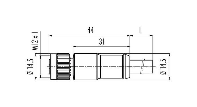 Dibujo a escala 77 8406 0000 30709-0185 - M12 Conector de cable hembra, Número de contactos: 2+7, moldeado en el cable, IP67, PUR, negro, Power: 2 x 0,75 (AWG 18), Señal: 7 x 0,14 (AWG 26), 1,85 m