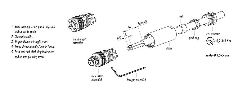 Instrucción de montaje 99 3379 100 03 - M8 Conector de cable macho, Número de contactos: 3, 3,5-5,0 mm, sin blindaje, tornillo extraíble, IP67, UL 2238