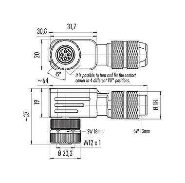 Dibujo a escala 99 1434 824 04 - M12 Conector hembra en ángulo, Número de contactos: 4, 6,0-8,0 mm, blindable, crimpado (los contactos de crimpado deben pedirse por separado), IP67, UL 2238