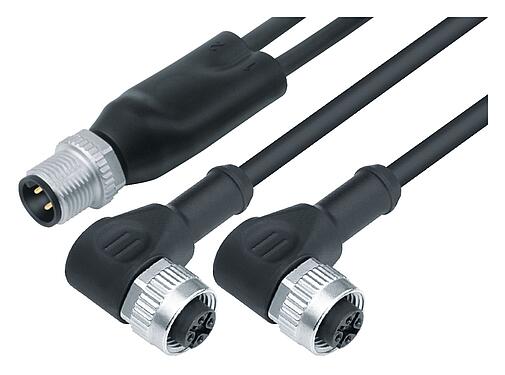 Ilustración 77 9829 3434 50003-0100 - M12 Divisor de cables macho - 2 conector hembra en ángulo, Número de contactos: 4/3, sin blindaje, moldeado en el cable, IP68, UL 2238, PUR, negro, 3 x 0,34 mm², 1 m