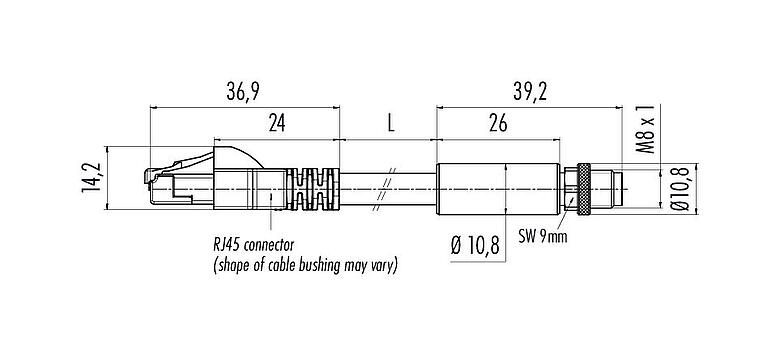 Dibujo a escala 77 9753 5429 50704-0030 - M8/RJ45 Cable de conexión conector de cable macho - conector RJ45, Número de contactos: 4, blindado, moldeado/engarzado, IP67, UL, Profinet/Ethernet CAT5e, PUR, verde, 4 x AWG 22, 0,3 m