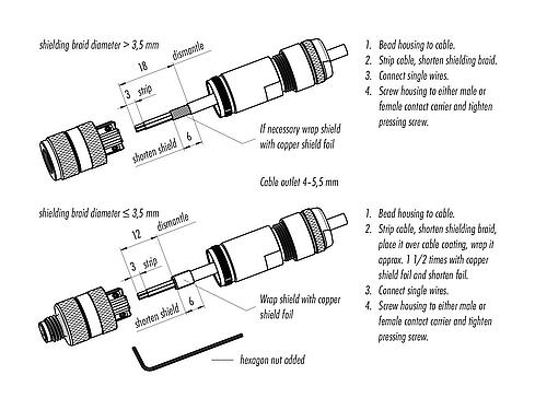 Instrucción de montaje 99 3368 100 04 - M8 Conector de cable hembra, Número de contactos: 4, 4,0-5,5 mm, blindable, tornillo extraíble, IP67, M8x1,0, Pluma de iris