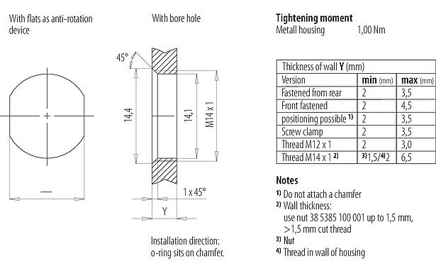 Muestra de montaje 99 3782 401 08 - M12 Toma de brida, Número de contactos: 8, blindable, SMT, IP68, M14x1,0, Montaje en pared