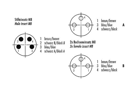 Disposición de los contactos (lado de la conexión) 77 9805 3406 50003-0100 - M8 Divisor de cables macho - 2 conector de cable hembra, Número de contactos: 4/3, sin blindaje, moldeado en el cable, IP67, UL 2238, PUR, negro, 3 x 0,34 mm², 1 m