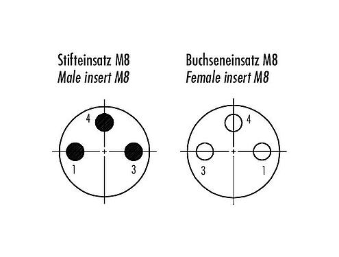 Disposición de los contactos (lado de la conexión) 09 5250 00 03 - M8 Casquillo del armario de distribución, Número de contactos: 3, blindado, enchufable, IP67, M8x1,0, Montaje en pared