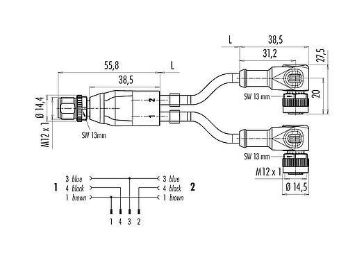 Dibujo a escala 77 9829 3634 50003-0100 - M12 Divisor de cables macho - 2 conector hembra en ángulo, Número de contactos: 4/3, sin blindaje, moldeado en el cable, IP68, UL 2238, PUR, negro, 3 x 0,34 mm², con LED PNP, 1 m