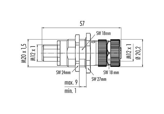 Dibujo a escala 09 5247 00 12 - M12 Casquillo del armario de distribución, 2,5-4,0 mm, blindado, soldadura, IP40, Montaje en pared