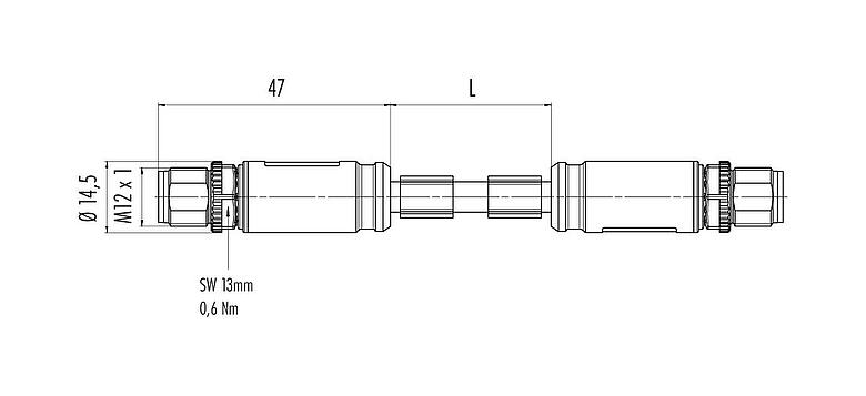 Dibujo a escala 79 9722 050 08 - M12 Cable de conexión 2 conectore de cable macho, Número de contactos: 8, blindado, moldeado en el cable, IP67, UL, PUR, verde, AWG 26/7, 5 m