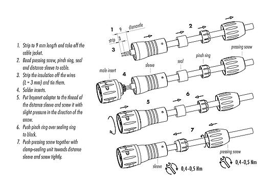Instrucción de montaje 99 0771 460 08 - Bayoneta Conector de cable macho, Número de contactos: 8, 2,5-4,0 mm, sin blindaje, soldadura, IP67 (cuando también está desenchufado)