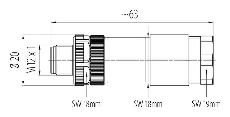 Dibujo a escala 99 0437 142 05 - M12 Conector dúo de cable macho, Número de contactos: 5, 2.1-3.0 mm (2 Cable) o 4-5 mm (2 Cable), sin blindaje, tornillo extraíble, IP67, UL 2238