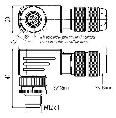 Dibujo a escala 99 3727 820 04 - M12 Conector macho en ángulo, Número de contactos: 4, 5,0-8,0 mm, blindable, tornillo extraíble, IP67, UL 2238, Pluma de iris