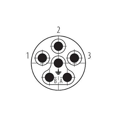 Disposición de los contactos (lado de la conexión) 99 6165 000 06 - Bayoneta Conector de cable macho, Número de contactos: 6 (3+PE+2), 7,0-14,0 mm, sin blindaje, tornillo extraíble, IP67 enchufado y bloqueado, UL 2237
