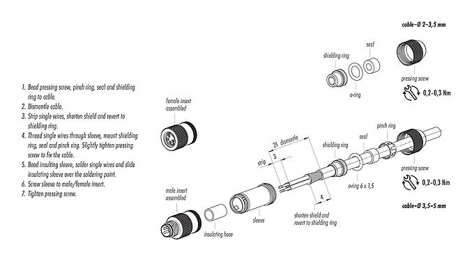Instrucción de montaje 99 3361 00 03 - M8 Conector de cable macho, Número de contactos: 3, 3,5-5,0 mm, blindable, soldadura, IP67, UL 2238