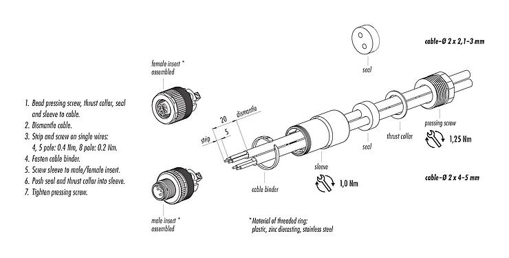 Instrucción de montaje 99 0437 142 05 - M12 Conector dúo de cable macho, Número de contactos: 5, 2.1-3.0 mm (2 Cable) o 4-5 mm (2 Cable), sin blindaje, tornillo extraíble, IP67, UL 2238