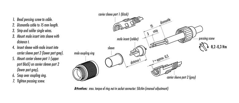 Instrucción de montaje 99 0075 100 03 - M9 Conector de cable macho, Número de contactos: 3, 3,0-4,0 mm, sin blindaje, soldadura, IP40