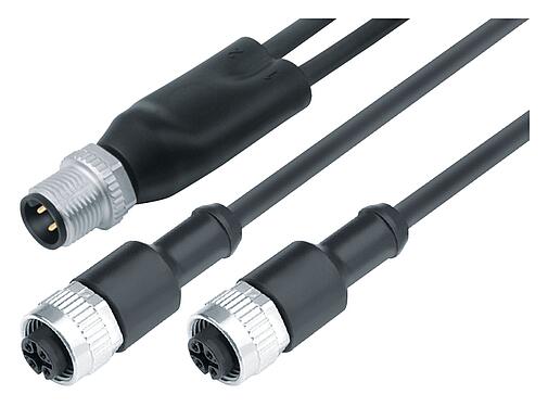 Ilustración 77 9829 3430 50003-0100 - M12 Divisor de cables macho - 2 conector de cable hembra, Número de contactos: 4/3, sin blindaje, moldeado en el cable, IP68, UL 2238, PUR, negro, 3 x 0,34 mm², 1 m