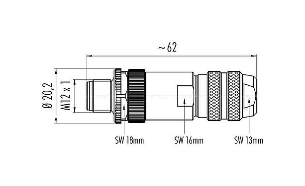 Dibujo a escala 99 3725 810 04 - M12 Conector de cable macho, Número de contactos: 4, 6,0-8,0 mm, blindable, abrazadera de alambre, IP67, M12x1,0