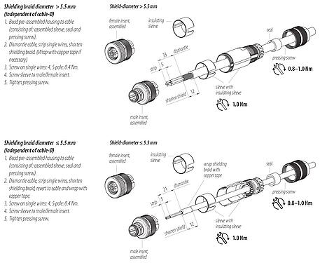 Instrucción de montaje 99 3725 810 04 - M12 Conector de cable macho, Número de contactos: 4, 6,0-8,0 mm, blindable, abrazadera de alambre, IP67, M12x1,0