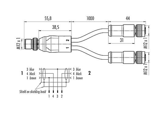 Dibujo a escala 77 9855 3530 50703-0100 - M12 Divisor de cables macho - 2 conector de cable hembra, Número de contactos: 4/3, blindado, moldeado en el cable, IP68, PUR, negro, 3 x 0,34 mm², 1 m