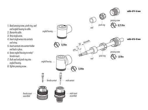 Instrucción de montaje 99 0530 24 04 - M12 Conector hembra en ángulo, Número de contactos: 4, 4,0-6,0 mm, sin blindaje, crimpado (los contactos de crimpado deben pedirse por separado), IP67, UL 2238