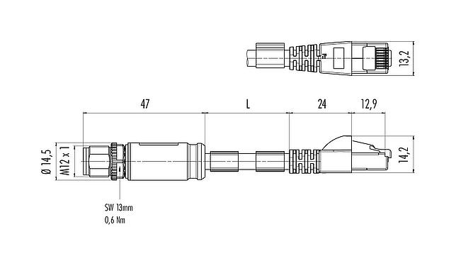 Dibujo a escala 79 9723 050 08 - M12/RJ45 Cable de conexión conector de cable macho - conector RJ45, Número de contactos: 8, blindado, moldeado en el cable, IP67, UL, PUR, verde, AWG 26/7, 5 m