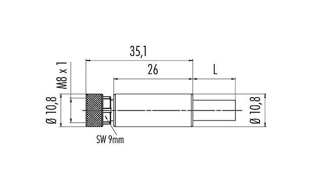 Dibujo a escala 77 5430 0000 50704-0500 - M8 Conector de cable hembra, Número de contactos: 4, blindado, moldeado en el cable, IP67, Profinet/Ethernet CAT5e, PUR, verde, 4 x AWG 22, 5 m