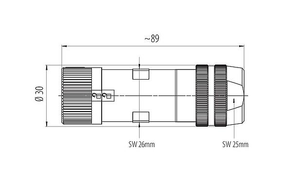 Dibujo a escala 99 6166 000 06 - Bayoneta Conector de cable hembra, Número de contactos: 6 (3+PE+2), 7,0-14,0 mm, sin blindaje, tornillo extraíble, IP67 enchufado y bloqueado, UL 2237