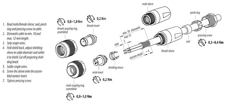 Instrucción de montaje 99 0409 10 04 - M9 Conector de cable macho, Número de contactos: 4, 3,5-5,0 mm, blindable, soldadura, IP67, con puño protector