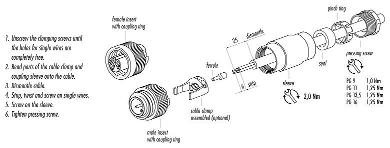 Instrucción de montaje 99 4225 00 07 - RD24 Conector de cable macho, Número de contactos: 6+PE, 6,0-9,0 mm, sin blindaje, soldadura, IP67, UL, ESTI+, VDE, PG 9
